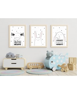 Zestaw 3 obrazków plakatów dla dzieci pastelowe postery hasła motywacyjne słoń łoś królik studiograf