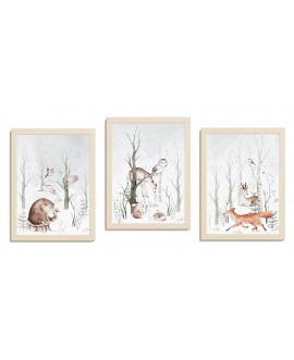 Zestaw 3 obrazków plakatów dla dzieci postery A3 zwierzątka leśne las drzewa niedźwiedź urocze plakaty studiograf
