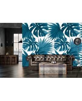 Fototapeta 3D na ścianę  na wymiar  flizelinowa tropikalne liście monstera niebieskie tapeta do sypialni salonu studiograf