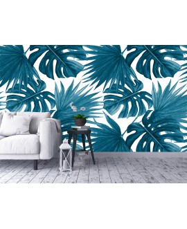 Fototapeta 3D na ścianę  na wymiar  flizelinowa tropikalne liście monstera niebieskie tapeta do sypialni salonu studiograf