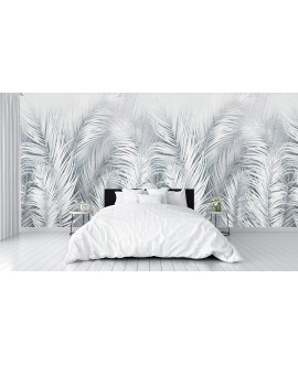 Fototapeta 3D na ścianę  na wymiar  flizelinowa tropikalne białe liście palmy boho pióra studiograf