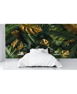 Fototapeta 3D na ścianę  na wymiar  flizelinowa tropikalne liście zielone złote monstery nowoczesna tapeta studiograf