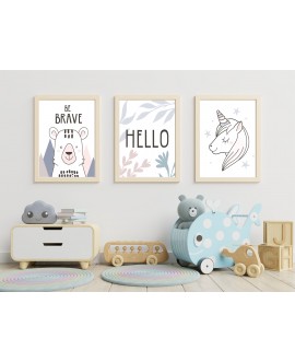 Zestaw 3 obrazków plakatów dla dzieci pastelowe grafiki jednorożec niedźwiedź kwiaty studiograf