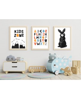 Zestaw 3 obrazków plakatów dla dzieci alfabet zajączek góry kids zone studiograf