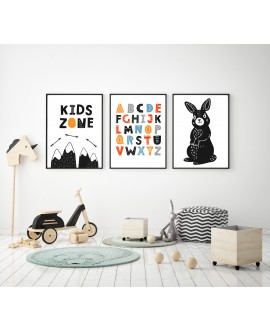 Zestaw 3 obrazków plakatów dla dzieci alfabet zajączek góry kids zone studiograf