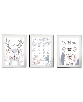 Zestaw 3 obrazków plakatów dla dzieci zwierzątka pastelowe kwiaty alfabet plakat edukacyjny studiograf