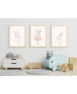 Zestaw 3 obrazków plakatów dla dzieci urocze pastelowe króliczki baletnice chmurki serduszka studiograf