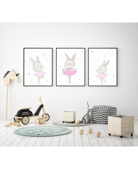 Zestaw 3 obrazków plakatów dla dzieci pastelowe króliczki baletnice chmurki gwiazdki studiograf