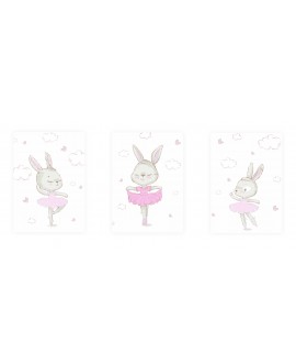 Zestaw 3 obrazków plakatów dla dzieci pastelowe króliczki baletnice chmurki gwiazdki studiograf