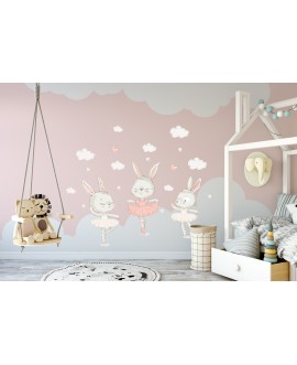Naklejka na ścianę dla dzieci urocze pastelowe króliczki baleriny baletnice chmurki gwiazdki studiograf