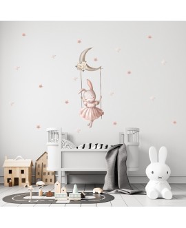 Naklejka na ścianę dla dzieci króliczek na huśtawce gwiazdki kwiaty pastelowe naklejki studiograf