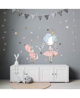 Naklejka na ścianę dla dzieci urocze pastelowe naklejki księżniczka dziewczynka jednorożec gwiazdki studiograf