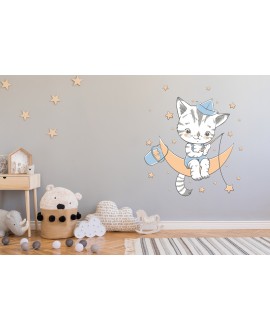Naklejka na ścianę dla dzieci urocze pastelowe naklejki kotek kot na księżycu łowiący gwiazdki studiograf