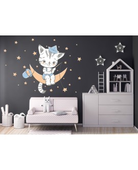Naklejka na ścianę dla dzieci urocze pastelowe naklejki kotek kot na księżycu łowiący gwiazdki studiograf