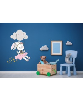 Naklejka na ścianę dla dzieci urocze pastelowe naklejki króliczek na huśtawce z chmurki gwiazdki serduszka studiograf