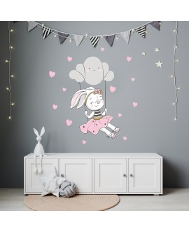 Naklejka na ścianę dla dzieci urocze pastelowe naklejki króliczek na huśtawce z chmurki gwiazdki serduszka studiograf