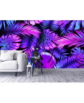 Fototapeta 3D na ścianę  na wymiar  flizelinowa neonowe tropikalne liście monstera fiolet róż niebieski studiograf