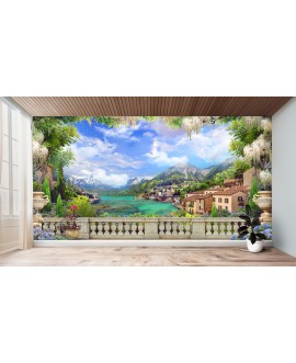 Fototapeta 3D na ścianę  na wymiar  flizelinowa widok z balkonu włochy góry jezioro architektura studiograf
