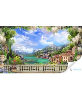 Fototapeta 3D na ścianę  na wymiar  flizelinowa widok z balkonu włochy góry jezioro architektura studiograf