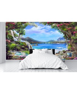 Fototapeta 3D na ścianę  na wymiar  flizelinowa widok na jezioro góry kwiaty tapeta do salonu sypialni studiograf
