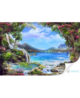 Fototapeta 3D na ścianę  na wymiar  flizelinowa widok na jezioro góry kwiaty tapeta do salonu sypialni studiograf