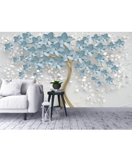 Fototapeta 3D na ścianę  na wymiar  flizelinowa drzewo niebieskie złote kwiaty  nowoczesna tapeta do salonu sypialni studiogr