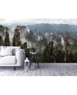 Fototapeta 3D na ścianę  na wymiar  flizelinowa skały we mgle roślinność tapeta do salonu sypialni studiograf