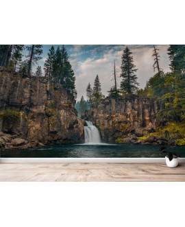 Fototapeta 3D na ścianę  na wymiar  flizelinowa wodospad drzewa sosny krajobraz jezioro tapeta do salonu sypialni studiograf
