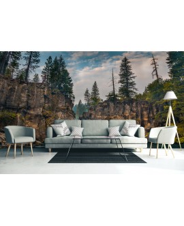 Fototapeta 3D na ścianę  na wymiar  flizelinowa wodospad drzewa sosny krajobraz jezioro tapeta do salonu sypialni studiograf