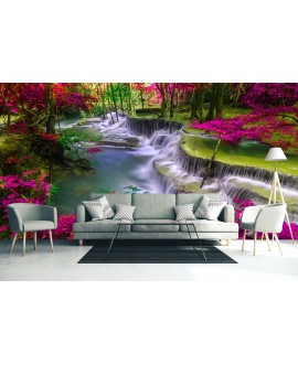 Fototapeta 3D na ścianę  na wymiar  flizelinowa różowe krzewy wodospad rzeka zieleń tapeta do salonu sypialni studiograf