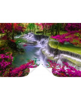 Fototapeta 3D na ścianę  na wymiar  flizelinowa różowe krzewy wodospad rzeka zieleń tapeta do salonu sypialni studiograf