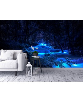 Fototapeta 3D na ścianę  na wymiar  flizelinowa błękitny wodospad las noc tapeta do salonu sypialni studiograf