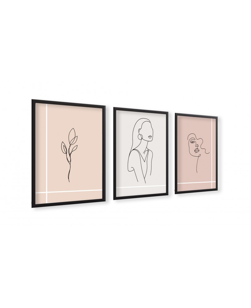 Zestaw 3 plakatów obrazków grafik boho kobieta twarz line art kwiaty nowoczesne studiograf