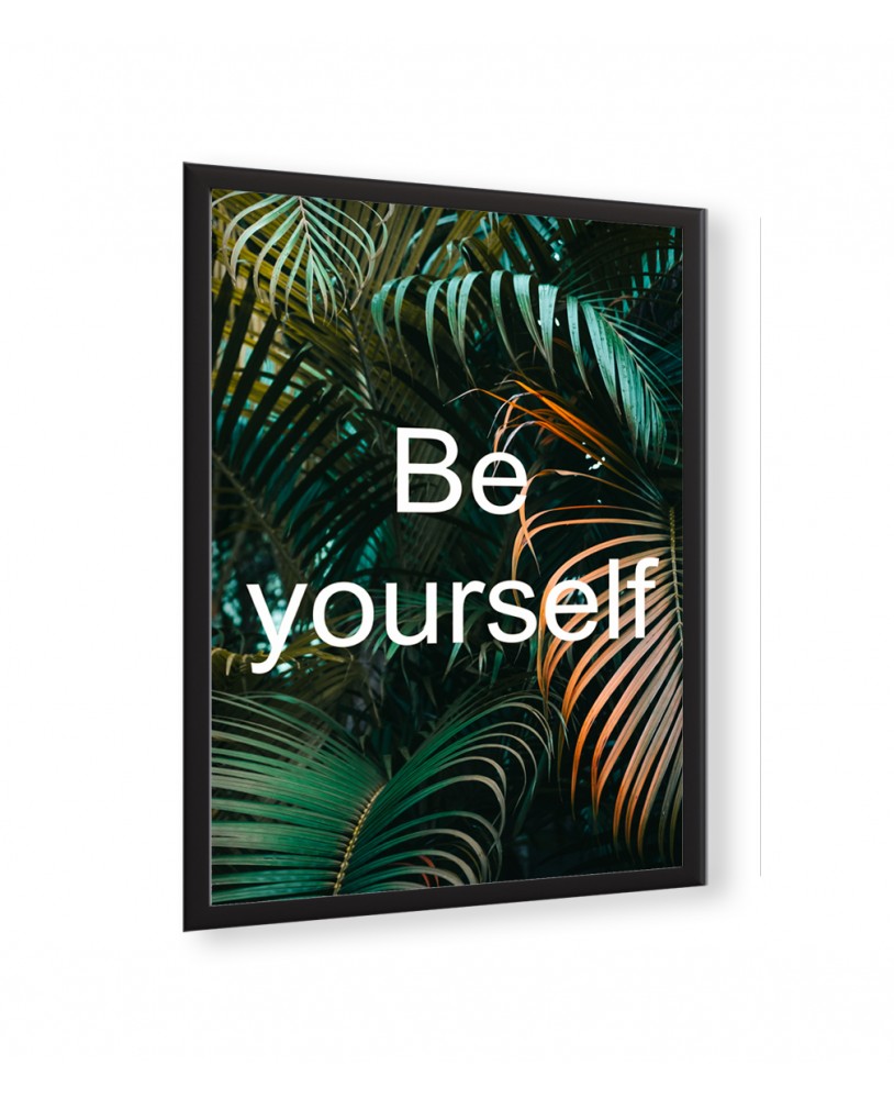 Plakat grafika dekoracyjna na ścianę liście dżungla zieleń zielony be yourself bądź sobą napis cytat studiograf