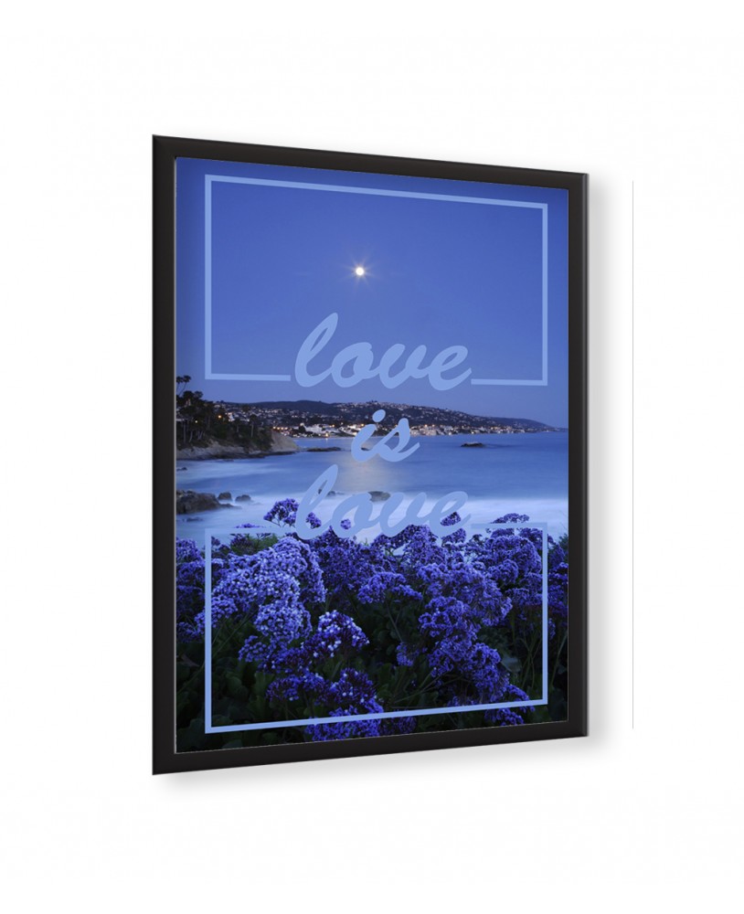 Plakat grafika dekoracyjna na ścianę morze kwiaty pejzaż love is love prosty nowoczesny plakat napis cytat studiograf