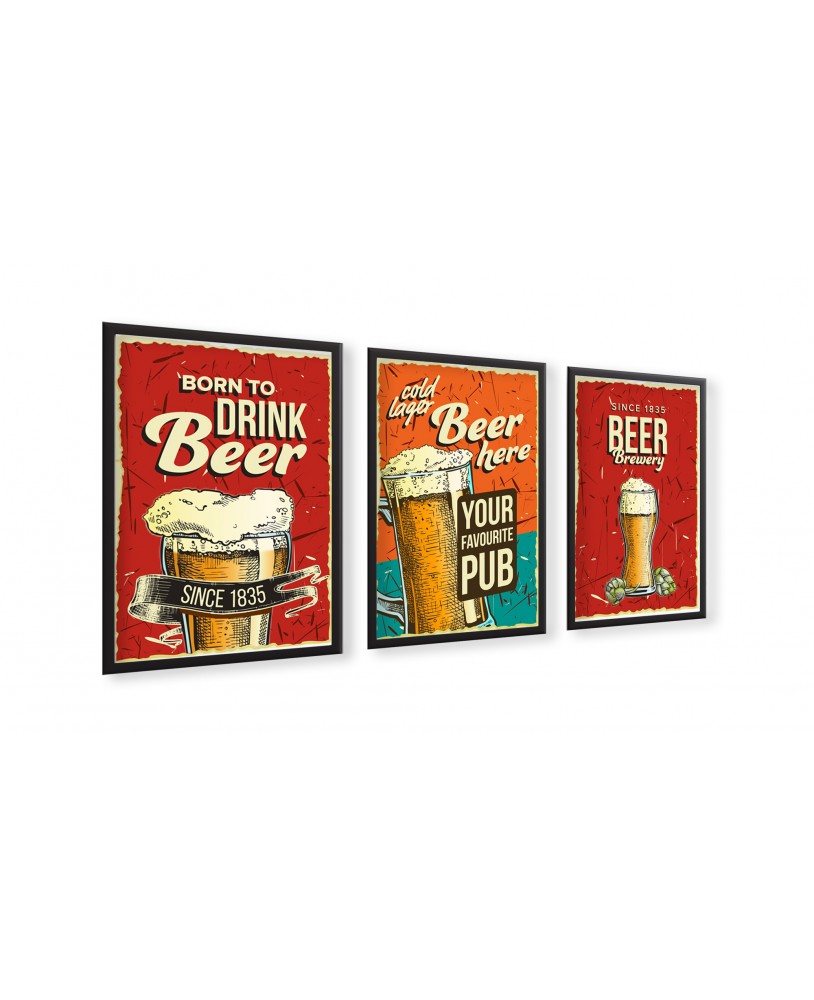 Zestaw 3 plakatów obrazków grafik piwo beer retro plakat A3 30x40 studiograf