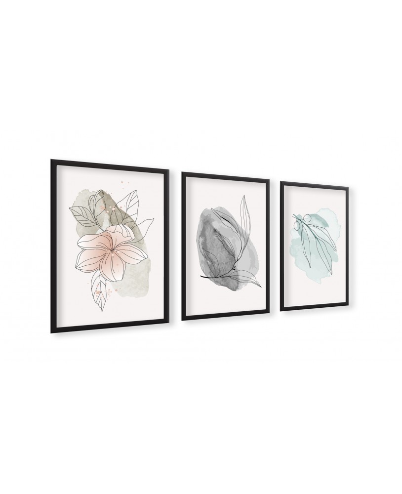 Zestaw 3 plakatów obrazków grafik plakaty postery poster minimalistyczny kwiaty liście akwarela studiograf