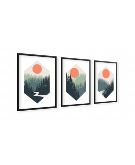 Zestaw 3 plakatów obrazków grafik plakat sześciokąty las rzeka  nowoczesne grafiki studiograf