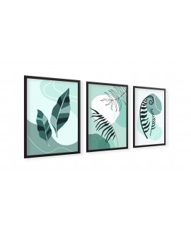 Zestaw 3 plakatów obrazków grafik plakat motyw roślinny liście paprocie miętowe nowoczesne grafiki studiograf