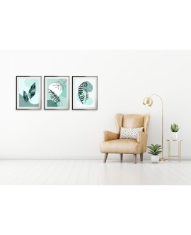 Zestaw 3 plakatów obrazków grafik plakat motyw roślinny liście paprocie miętowe nowoczesne grafiki studiograf