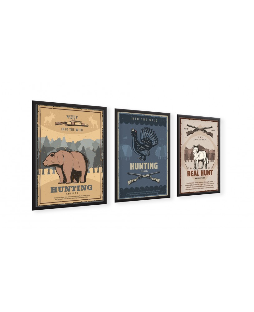 Zestaw 3 plakatów obrazków grafik plakat polowanie hunting zwierzęta retro plakaty studiograf