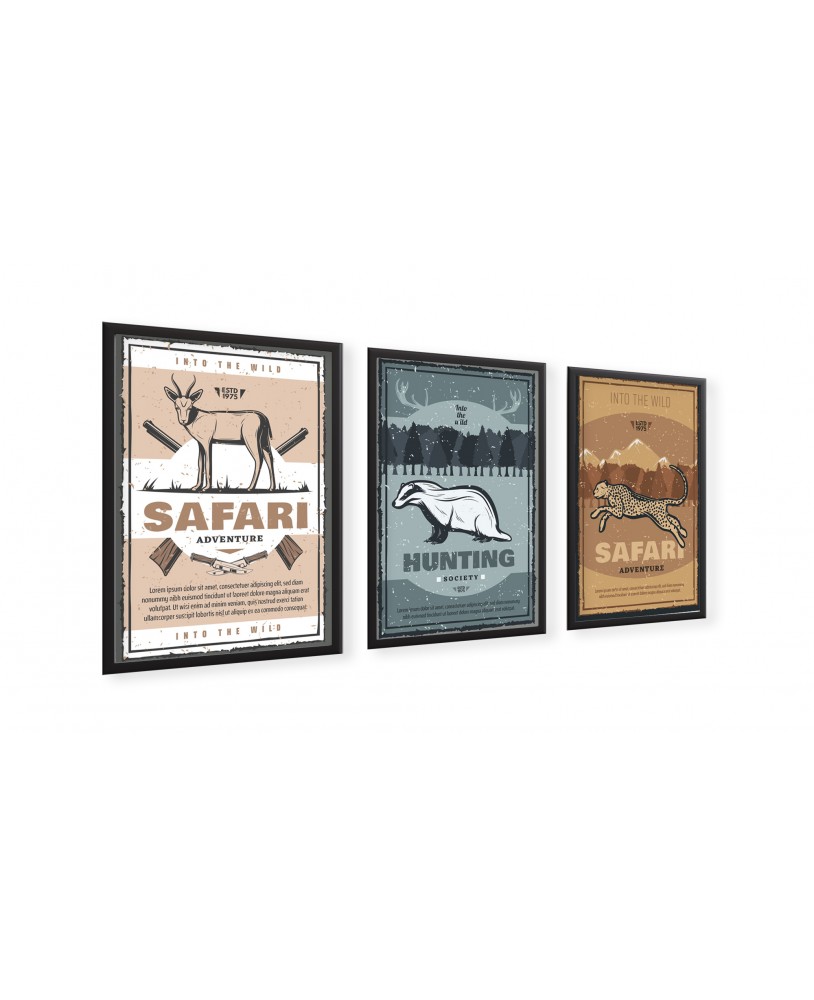 Zestaw 3 plakatów obrazków grafik plakat polowanie  safari hunting zwierzęta retro plakaty studiograf