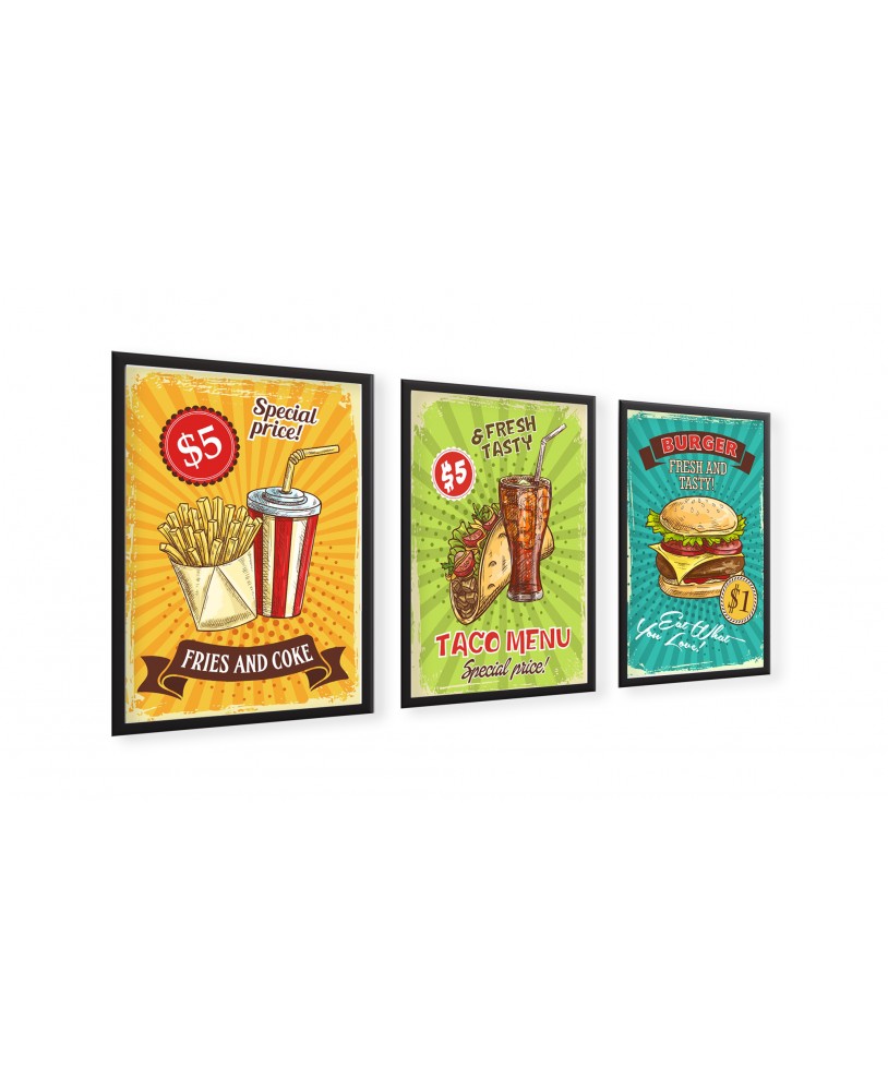 Zestaw plakatów grafik A3 do restauracji baru knajpy jedzenie frytki burger tacos retro plakat grafika studiograf
