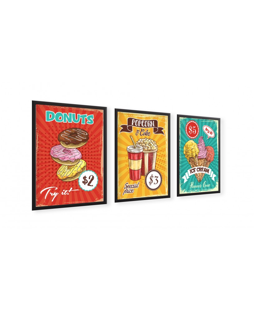 Zestaw plakatów grafik A3 do restauracji baru knajpy jedzenie popcorn donat lody retro plakat grafika studiograf