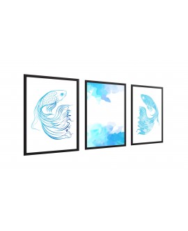 Zestaw 3 plakatów obrazków grafik line art niebieskie ryby akwarela studiograf