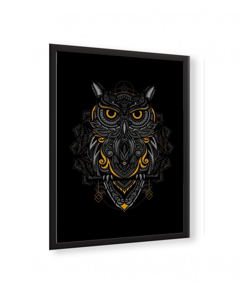 Plakat grafika dekoracyjna na ścianę boho sowa na czarnym tle line art studiograf