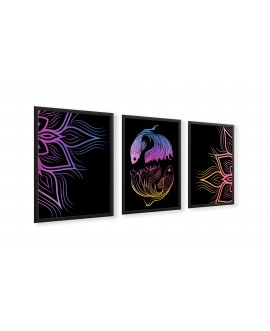 Zestaw 3 plakatów obrazków grafik kolorowe ryby czarne tło mandala boho line art studiograf
