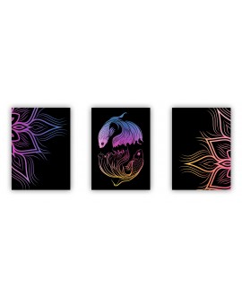Zestaw 3 plakatów obrazków grafik kolorowe ryby czarne tło mandala boho line art studiograf