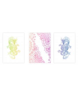 Zestaw 3 plakatów obrazków grafik kolorowe smoki mandala kwiaty line art studiograf