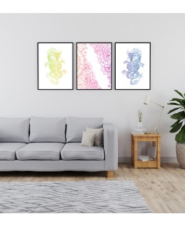 Zestaw 3 plakatów obrazków grafik kolorowe smoki mandala kwiaty line art studiograf